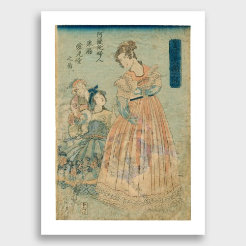 Sadahide Utagawa „Olandė su vaiku“. Iš ciklo „Užsieniečių gyvenimo vaizdai“ (1860) reprodukcija 