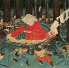 Utagawa Kuniyoshi „Ušivakamaru mokosi fechtavimo meno iš tengu, prižiūrint jų šeimininkui Sodžiobui“ (1847–1852) reprodukcija 