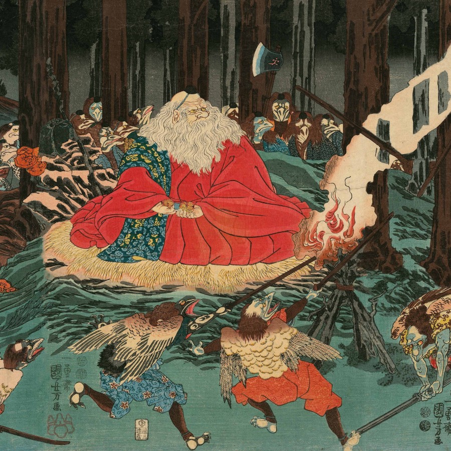 Utagawa Kuniyoshi „Ušivakamaru mokosi fechtavimo meno iš tengu, prižiūrint jų šeimininkui Sodžiobui“ (1847–1852) reprodukcija 