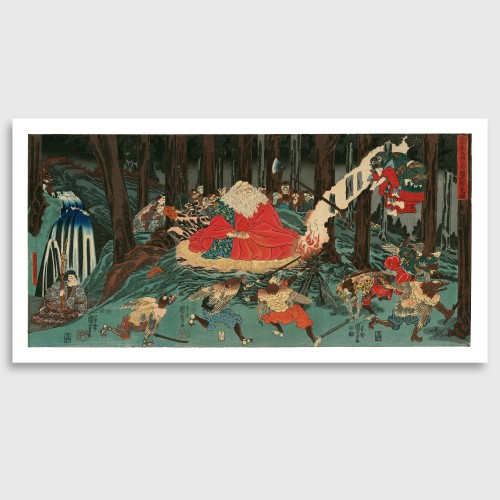 Utagawa Kuniyoshi „Ušivakamaru mokosi fechtavimo meno iš tengu, prižiūrint jų šeimininkui Sodžiobui“ (1847–1852) reprodukcija 