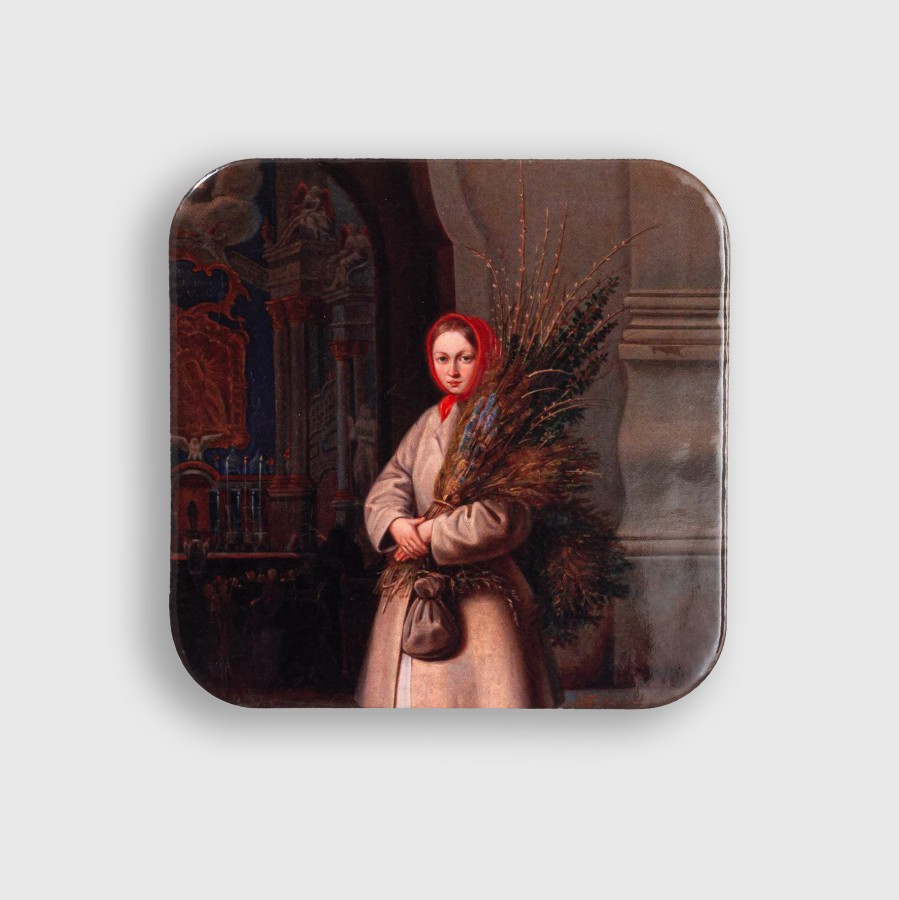 Puodelio padėkliukas „Lietuvaitė su verbomis“